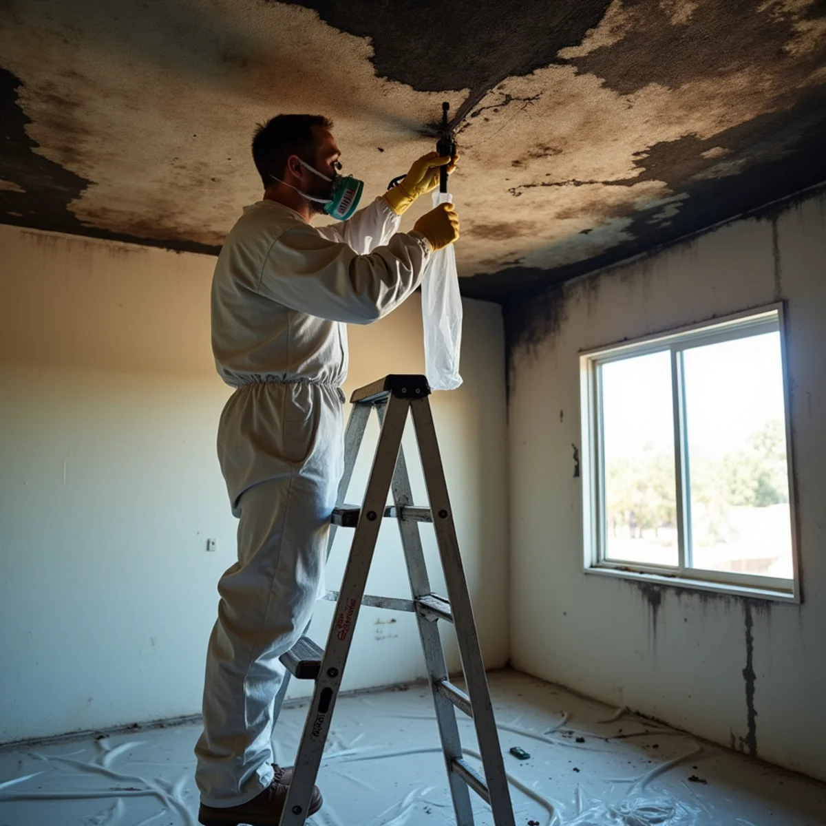Inspector in a respirator taking a sample from a fire-damaged popcorn ceiling in a Buena Park ranch home