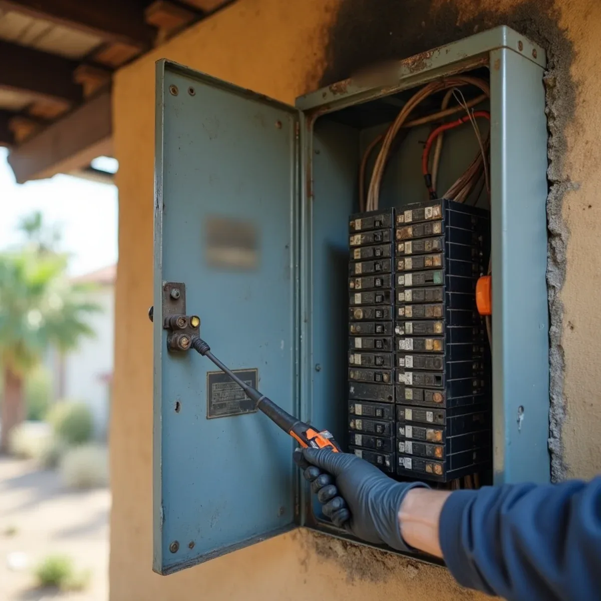 Original electrical panel with scorch marks on the stucco exterior wall of a 1960s La Palma ranch home