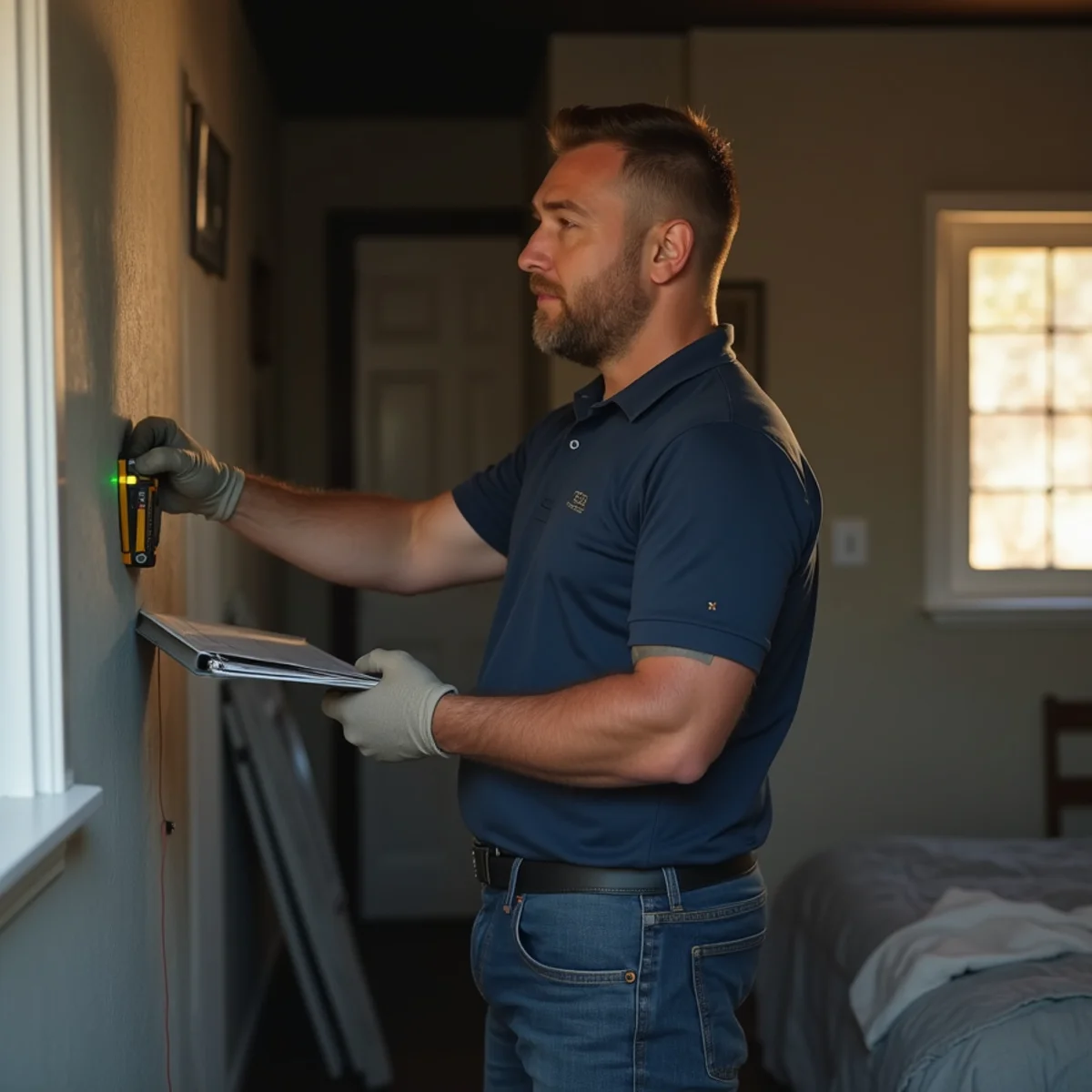 Restoration estimator measuring a smoke-damaged bedroom to write an itemized fire damage scope in an Orange County home