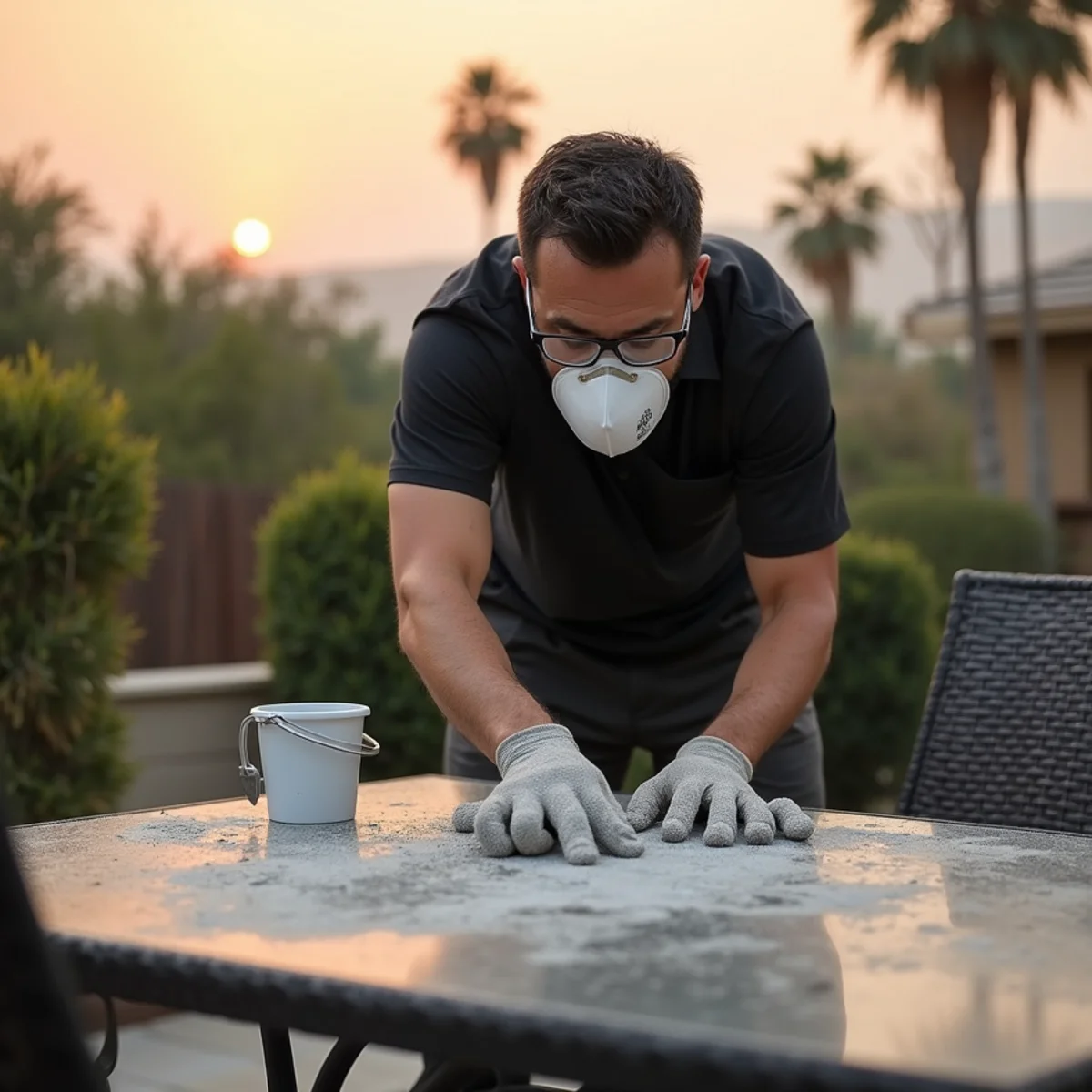Homeowner in an N95 mask and gloves damp-wiping fine wildfire ash from a patio table at a north Orange County home