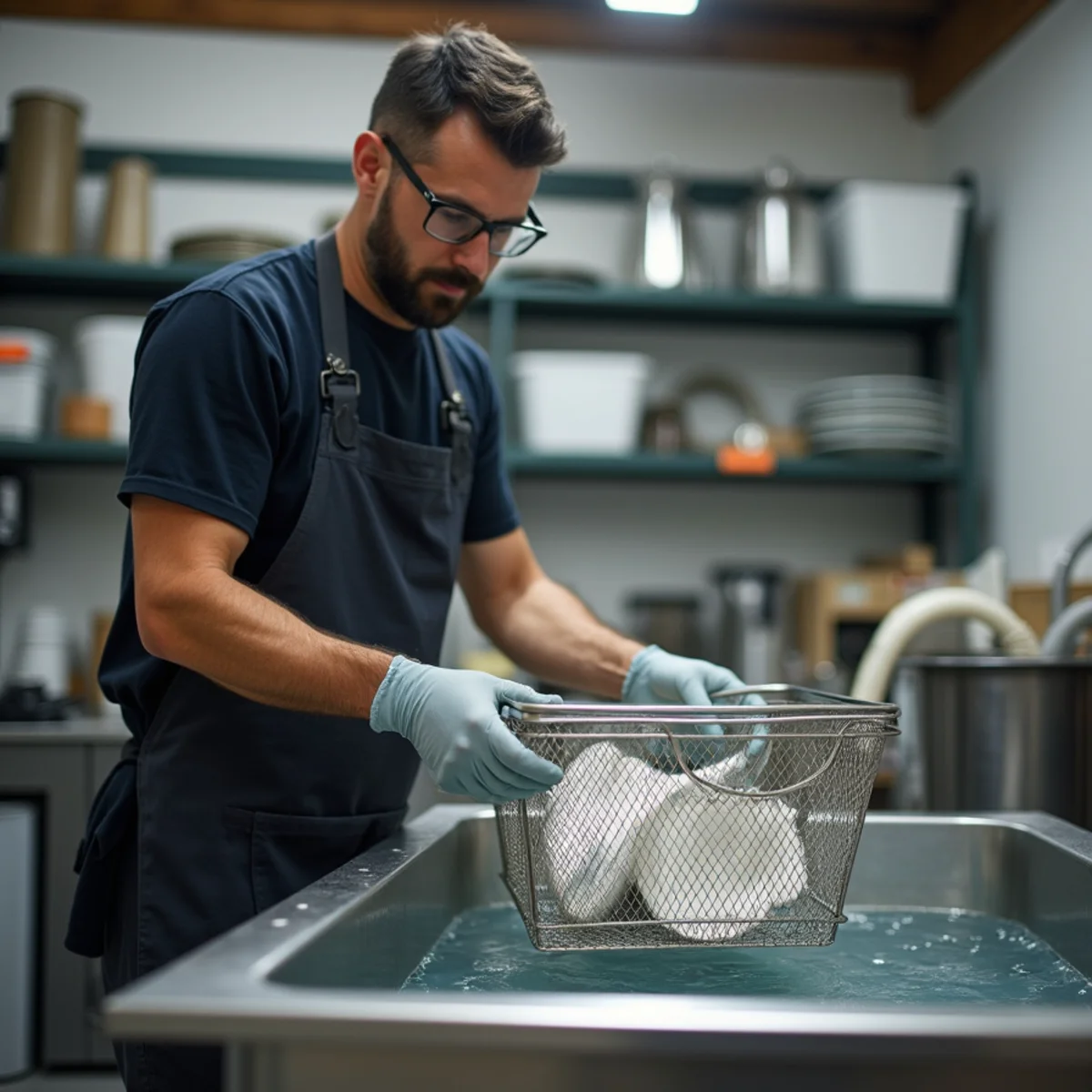 Technician lowering smoke-stained dishes into an ultrasonic cleaning tank at a contents facility serving Buena Park