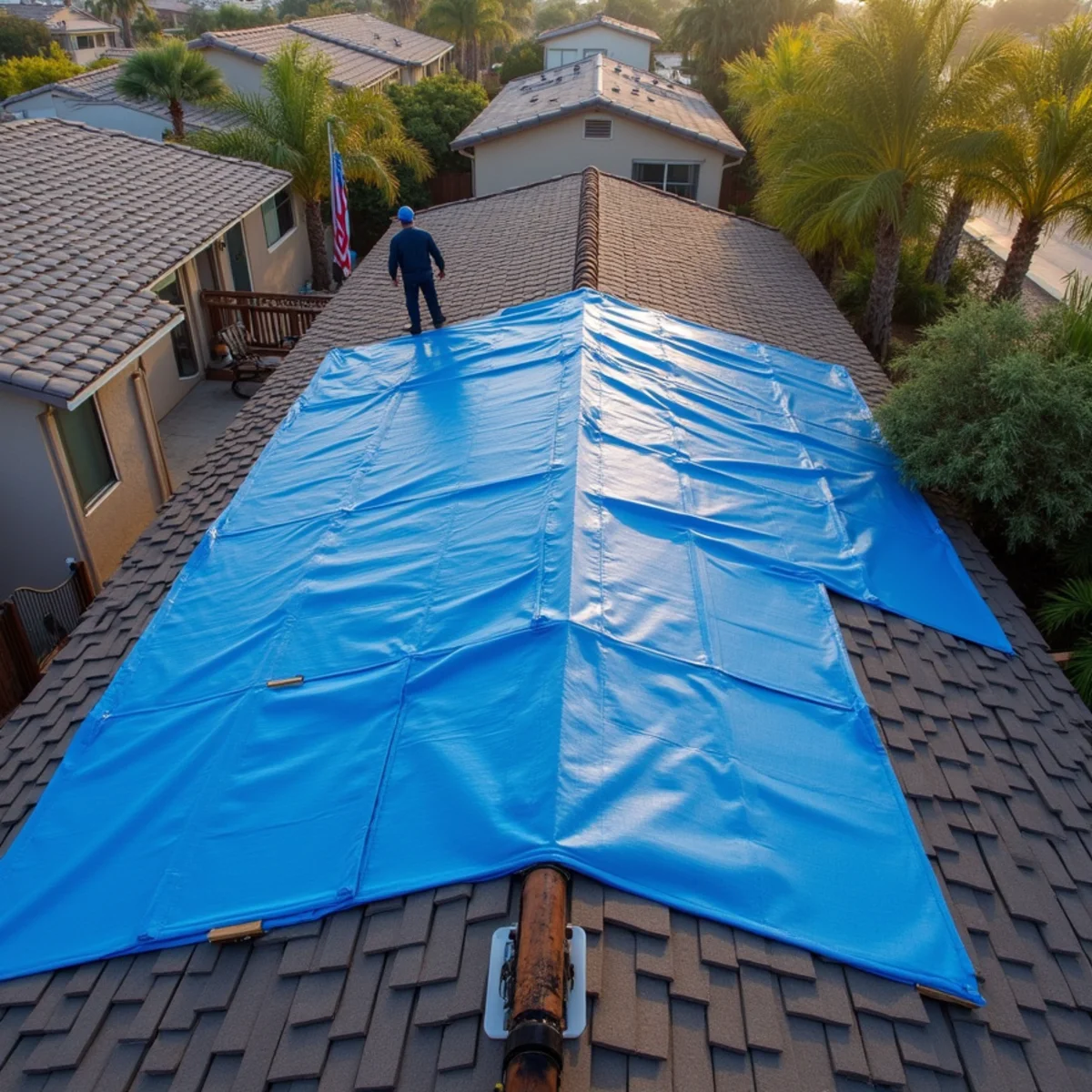Tarp secured with wood battens over a fire ventilation cut on a Buena Park ranch house roof