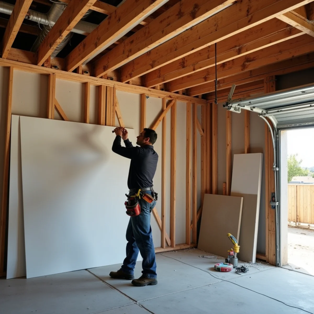 New framing and gypsum board going up in the attached garage of a Buena Park ranch home being rebuilt after a fire