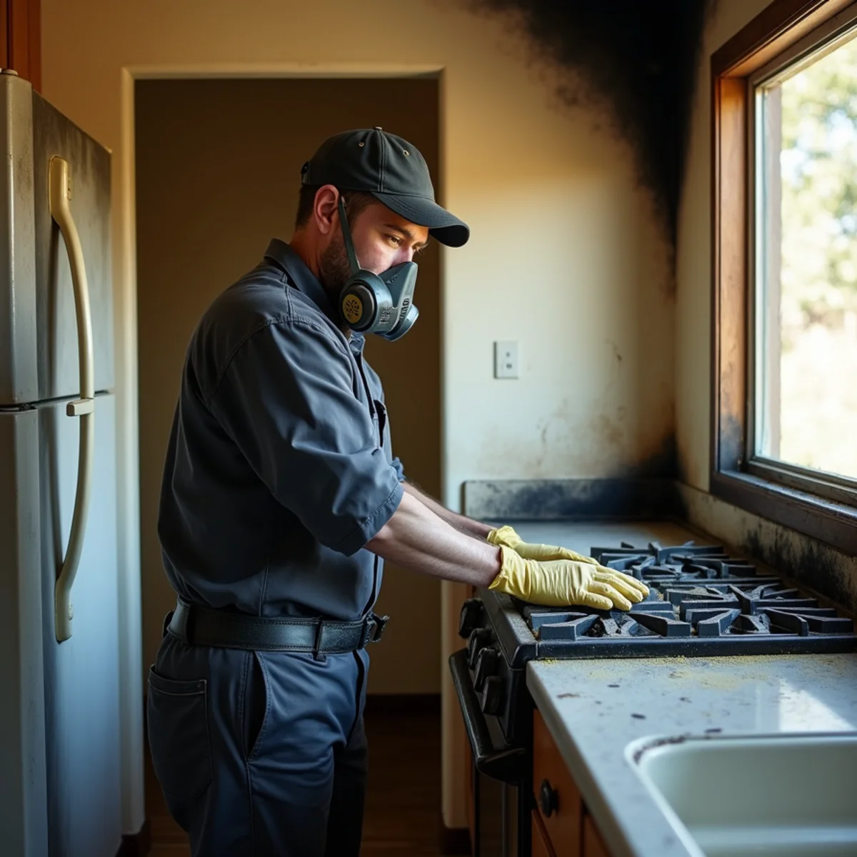 Restoration technician in a respirator wiping down a gas range in a smoke-stained kitchen after a grease fire in a Buena Park home
