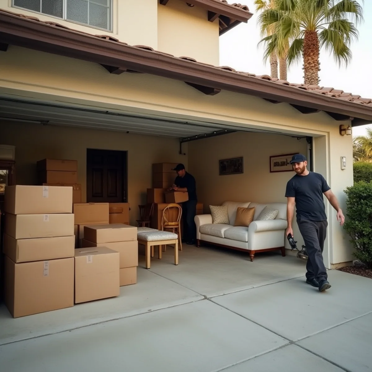 Pack-out boxes and furniture staged in the open garage of a Cerritos, CA home during a contents pack-out after smoke damage