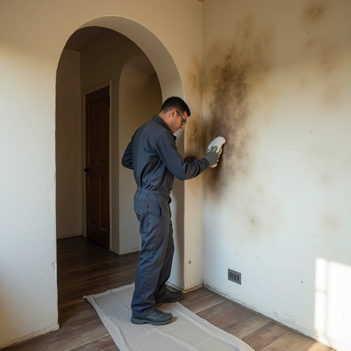 Technician cleaning smoke stains from a plaster wall and arched doorway in a 1920s Fullerton house