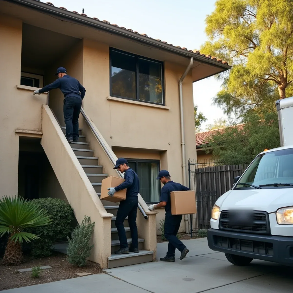 Restoration crew carrying pack-out boxes from a smoke-damaged two-story apartment building in Fullerton, CA