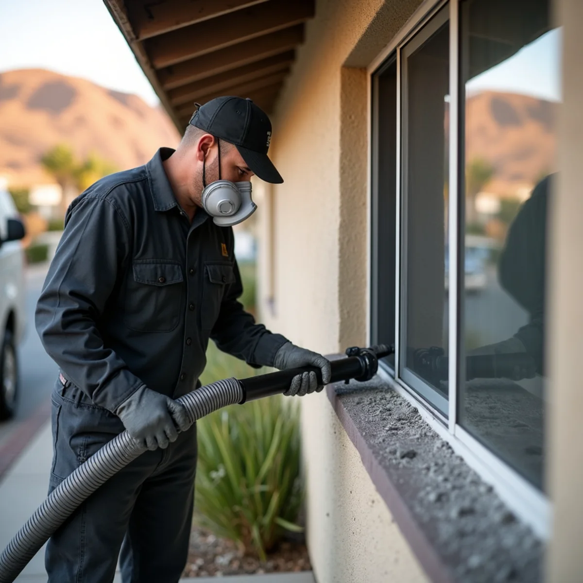 Crew member HEPA-vacuuming wildfire ash from a window sill of a 1950s La Habra ranch home with brown hills behind
