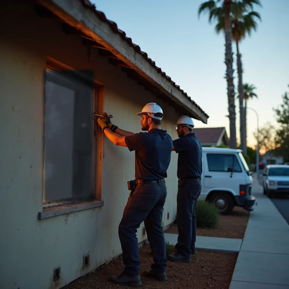 Crew fastening plywood over a fire-damaged front window of a 1950s ranch house in La Mirada, CA