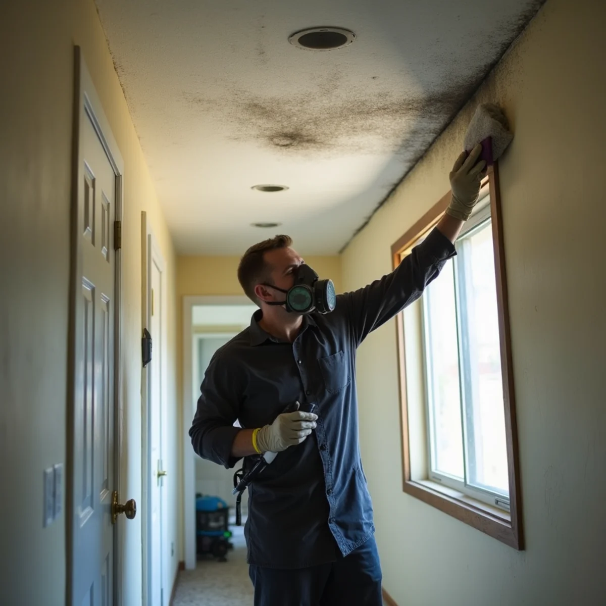 Restoration technician in a respirator wiping soot from a hallway ceiling after a garage fire in a La Palma, CA tract home