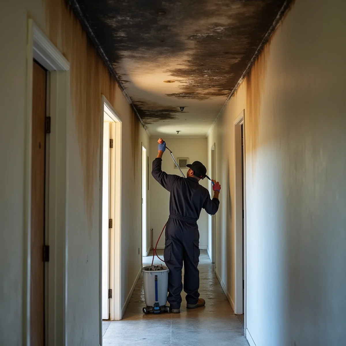 Technician washing smoke film off a hallway ceiling and walls in a Buena Park home