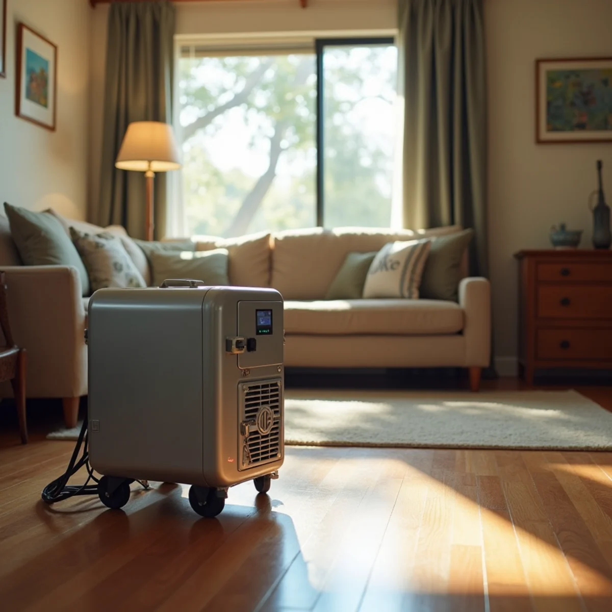 Hydroxyl generator running in a cleaned living room of a Buena Park home during smoke odor removal