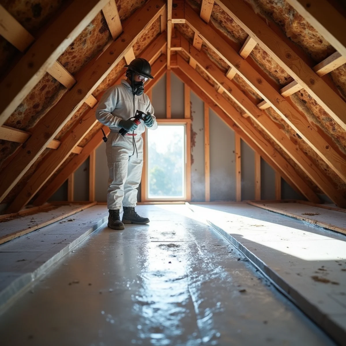 Technician in a respirator spraying odor-blocking primer on cleaned attic framing in a Buena Park ranch house